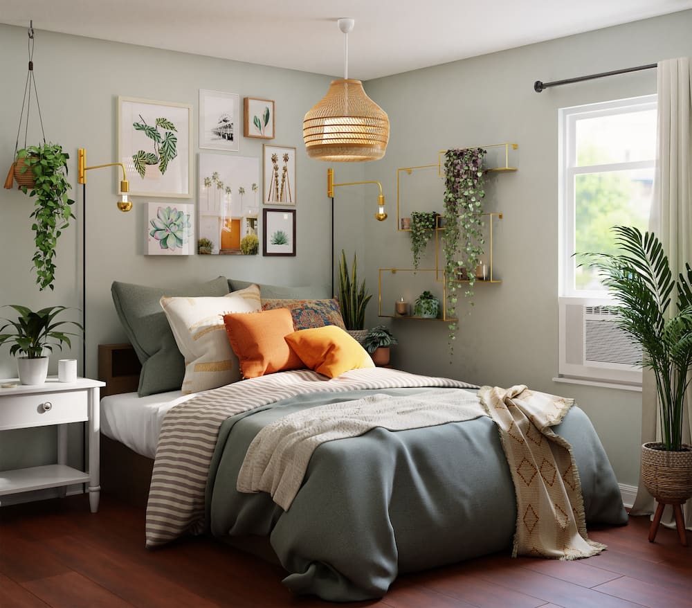 decluttered and organized bedroom with art and many plants